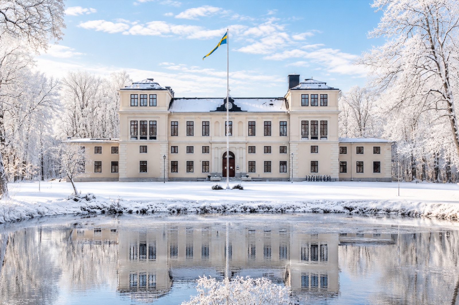 Rånäs Slott i vinterskrud med svenska flaggan i topp