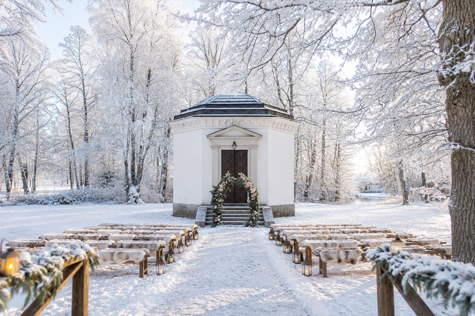 Vinterceremoni i slottsparken med fårskinnsklädda bänkar
