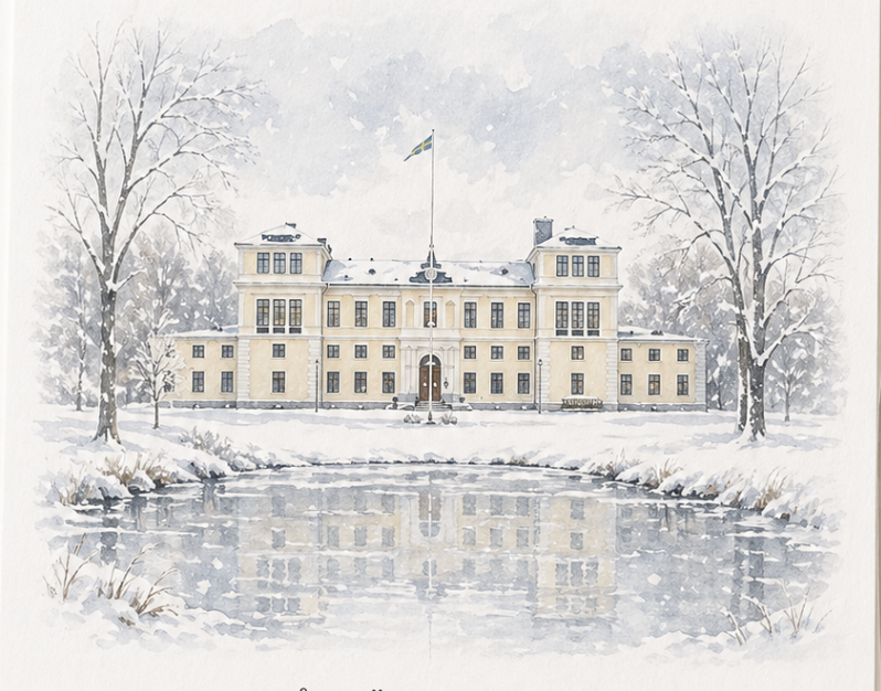 Akvarellmålning av Rånäs Slott i vinterskrud